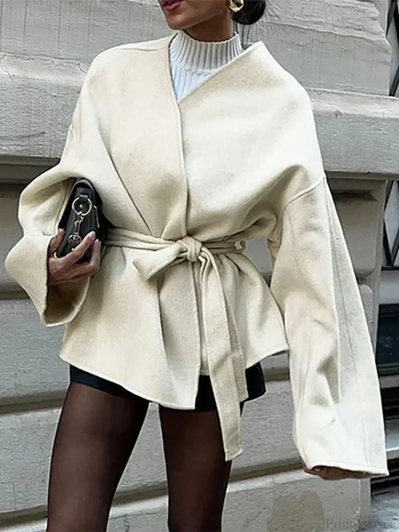 Bow Tie Lace-Up V-Neck Belted Overcoat