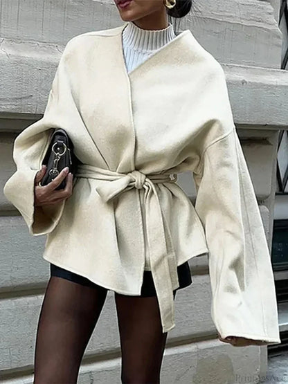 Bow Tie Lace-Up V-Neck Belted Overcoat