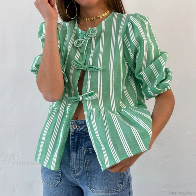 Bowknot Front Hollow Out Vintage Ruffles Puff Sleeve Elegant Sweet Y2K Crop Top croptop-250126
