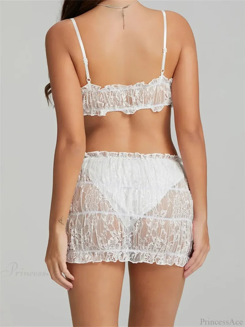 Bowknot Spaghetti Strap Sleeveless Lace Camis Crop Top with Mini Skirt Set twopiecesset-250126
