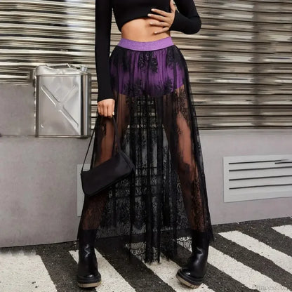 Breathable Plaid Mesh Maxi Skirt Dark Style Embroidery Purple / S skirt-250126