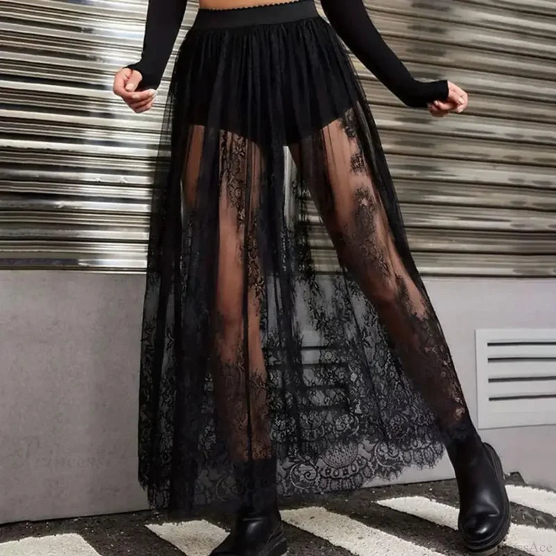 Breathable Plaid Mesh Maxi Skirt Dark Style Embroidery skirt-250126