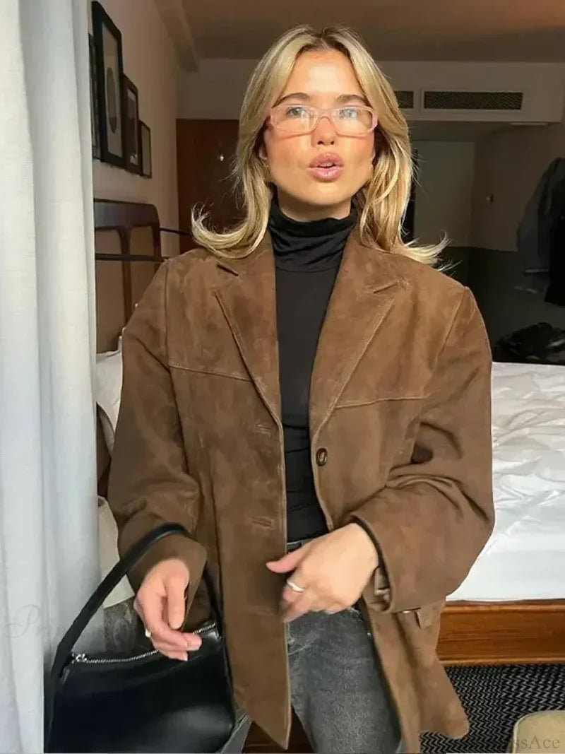 Brown Double Pocket Blazer Short Coat