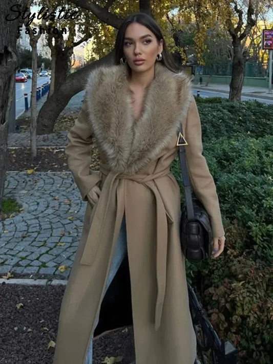 Brown Fluffy Faux Fur Casual Overcoat khaki / S