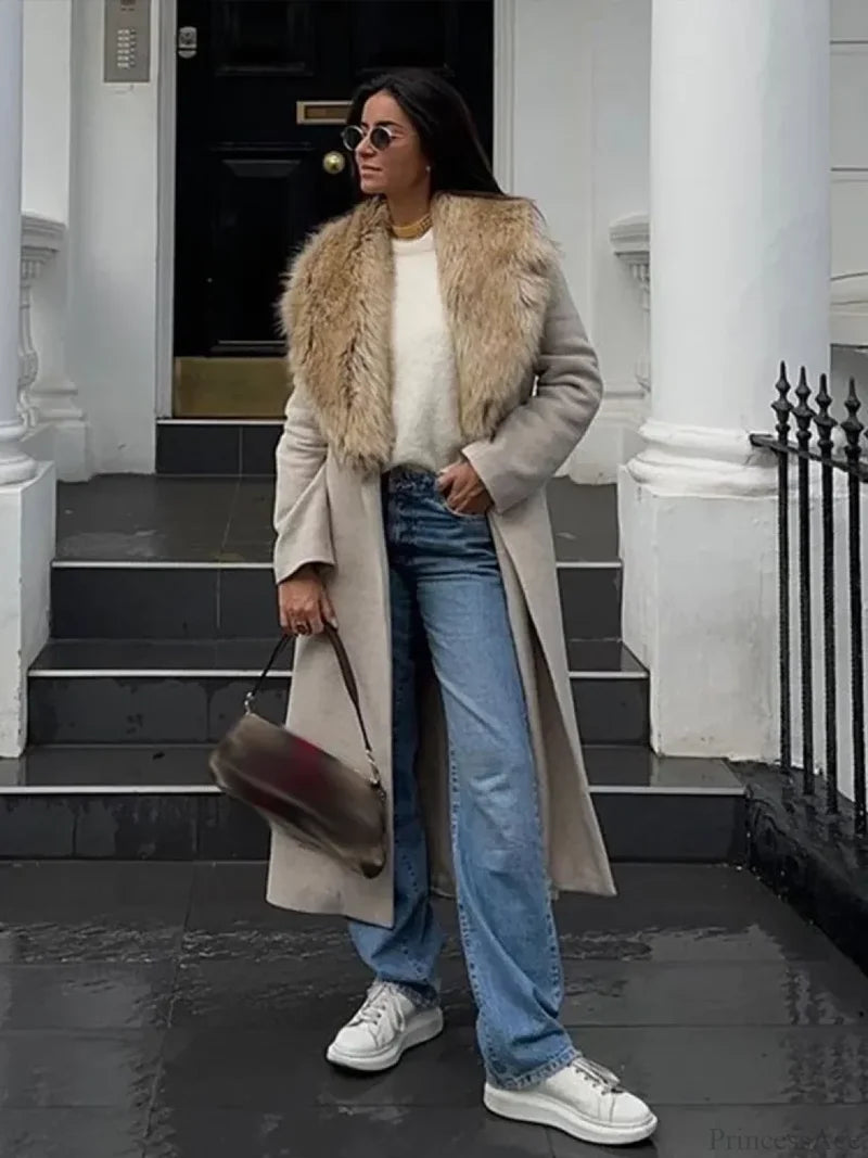 Brown Fluffy Faux Fur Casual Overcoat