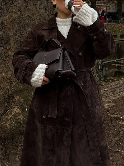 Brown Suede Leather Long Coat