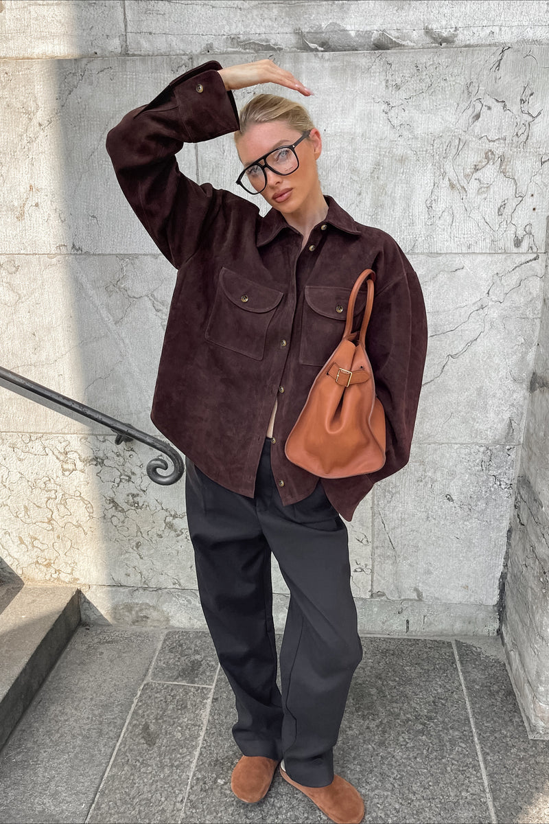 Brown Suede Loose Blazer Coat