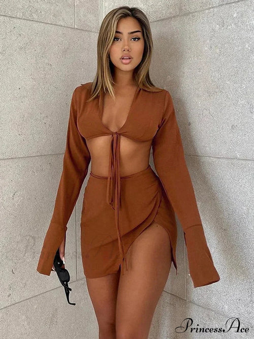Brown Tie Front Top Skirt Sets Mini Dress / S