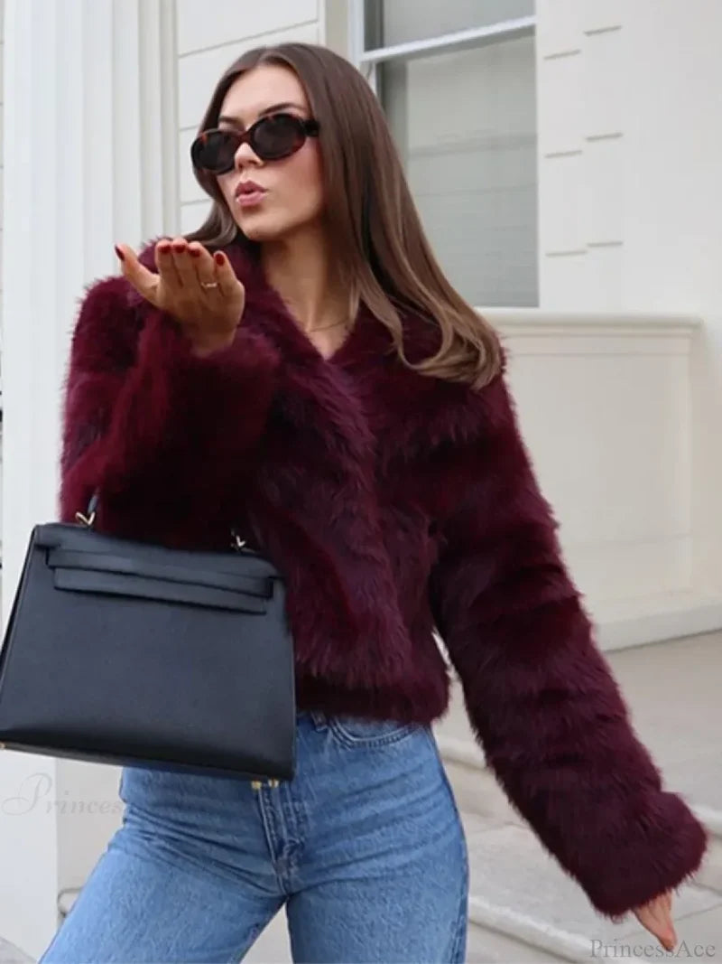 Burgundy Fluffy Turn-down Collar Coat Wine red / S