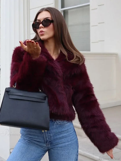 Burgundy Fluffy Turn-down Collar Coat Wine red / S