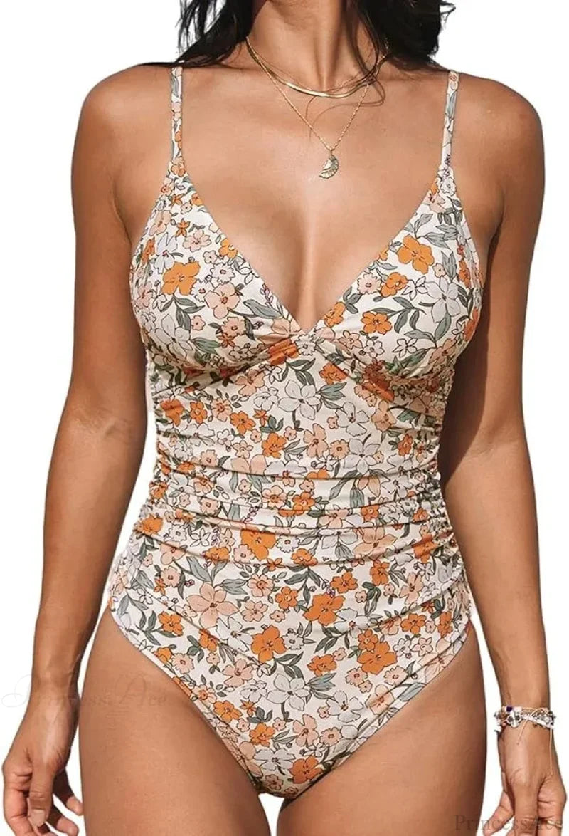 Burgundy Shirring Deep V One Piece Set apricot blossom / S