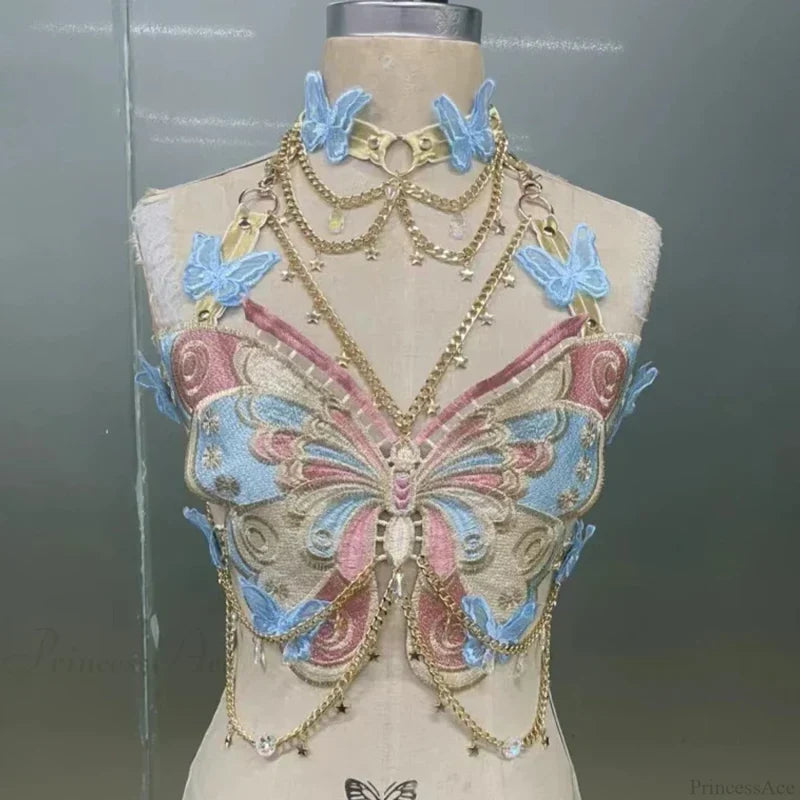 Butterfly Embroidered Crystal Chain Backless Crop Top Blue / One Size croptop-250223