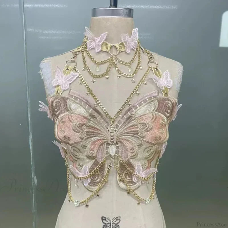 Butterfly Embroidered Crystal Chain Backless Crop Top Pink / One Size croptop-250223