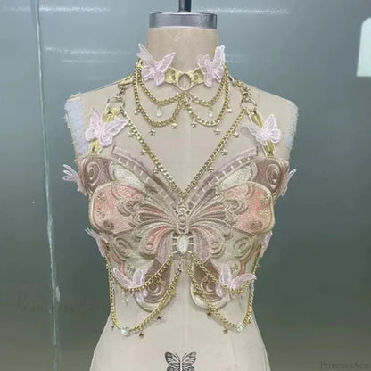 Butterfly Embroidered Crystal Chain Backless Crop Top Pink / One Size croptop-250223