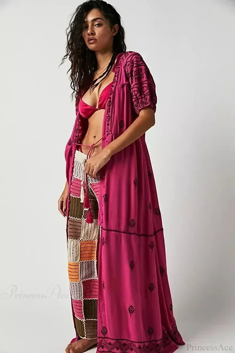 Button Down Embroidery Short Sleeve Chic Boho Dress bohodress-250126