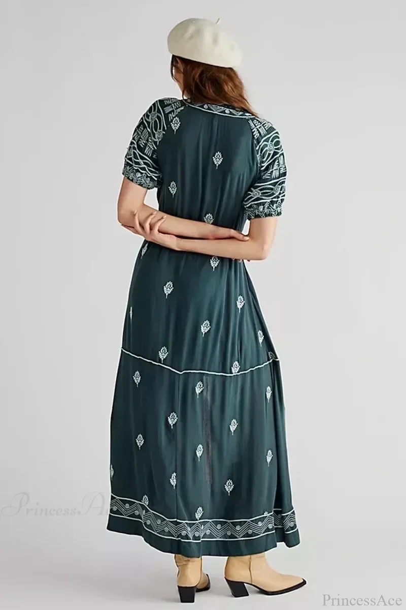 Button Down Embroidery Short Sleeve Chic Boho Dress bohodress-250126