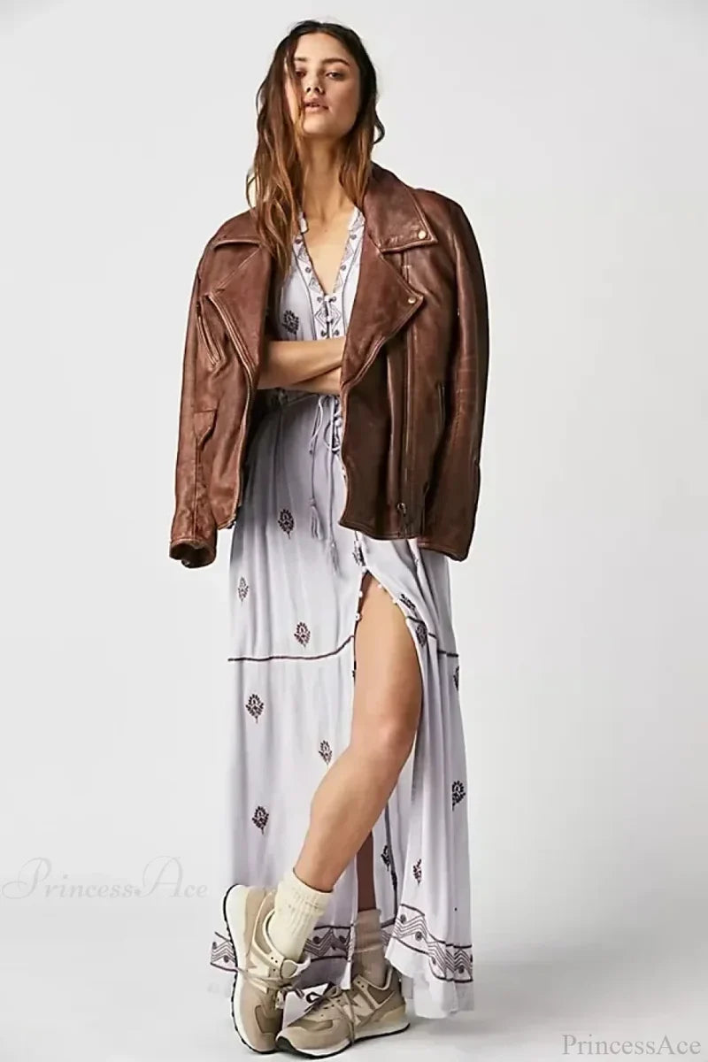 Button Down Embroidery Short Sleeve Chic Boho Dress Light Grey / S bohodress-250126