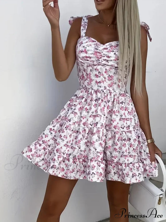 Cami Ruffle Spaghetti Design Gown Flowered With Hem Straps S / Rose Floral Mini A Line Dress
