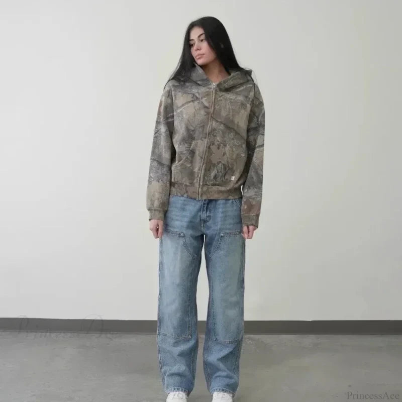 Camo Zipper Streetwear Hoodie brown / S