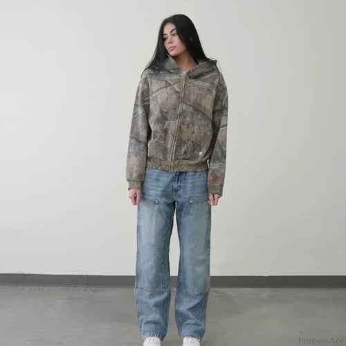 Camo Zipper Streetwear Hoodie brown / S
