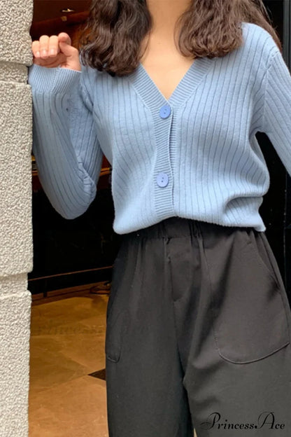 Cardigan Button With Ribbed V-Neckline Sweaters-L