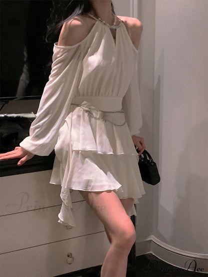 Casual Arm Autumn Korean Party Gown Long Mini Fairy Elegant Fashion Brief Female