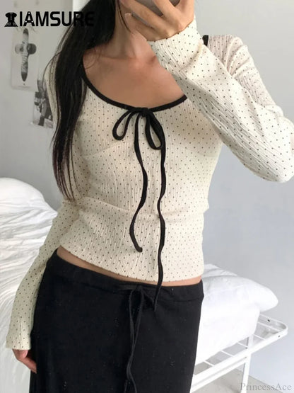 Casual Contrast Color Dot Printed Slim O-Neck Knit Top Ivory / S knittop-250126