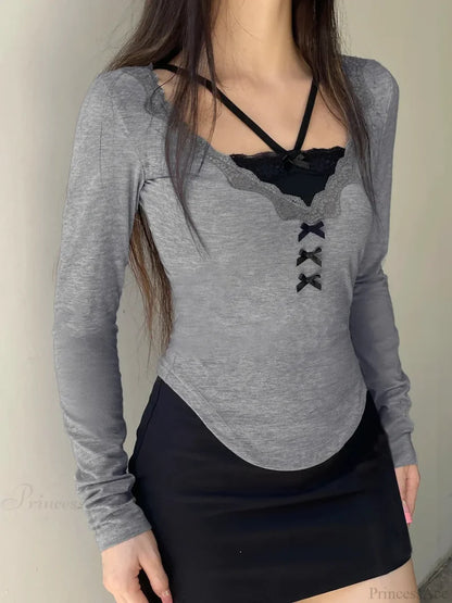 Casual Lace Trim Patchwork Fake 2 Piece Slim V-Neck Knit Top GRAY / S knittop-250126