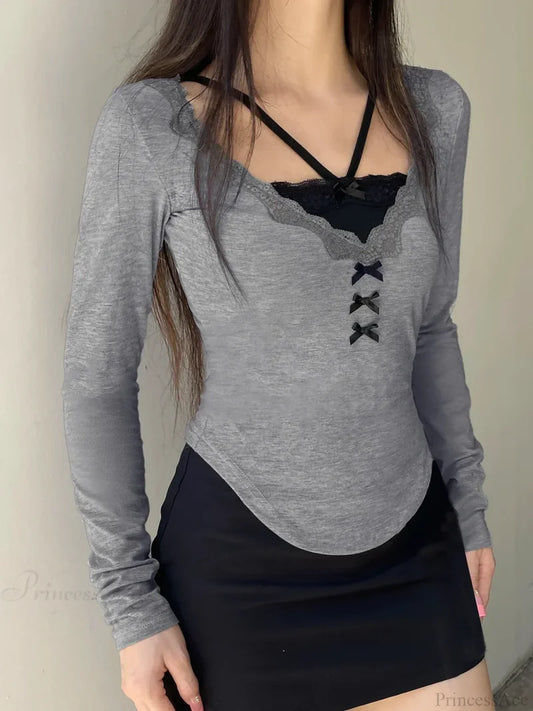 Casual Lace Trim Patchwork Fake 2 Piece Slim V-Neck Knit Top GRAY / S knittop-250126