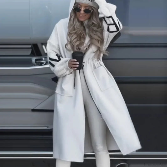Casual Long Patchwork Lace-Up Overcoat WHITE / S