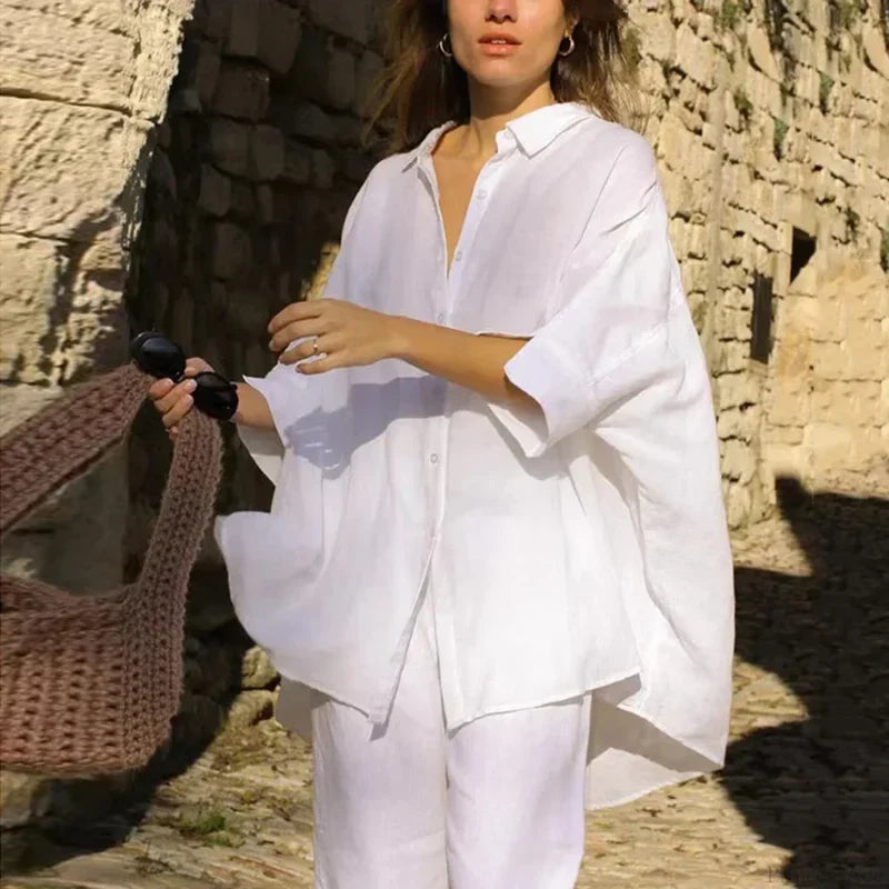 Casual Loose White Button-up Half Sleeve Blouse blouse-250126