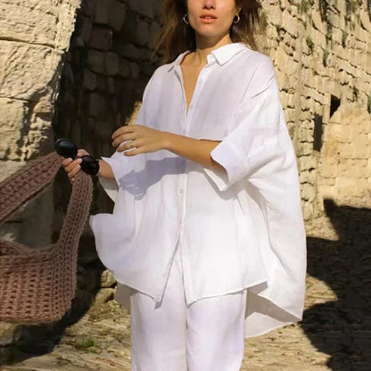 Casual Loose White Button-up Half Sleeve Blouse blouse-250126