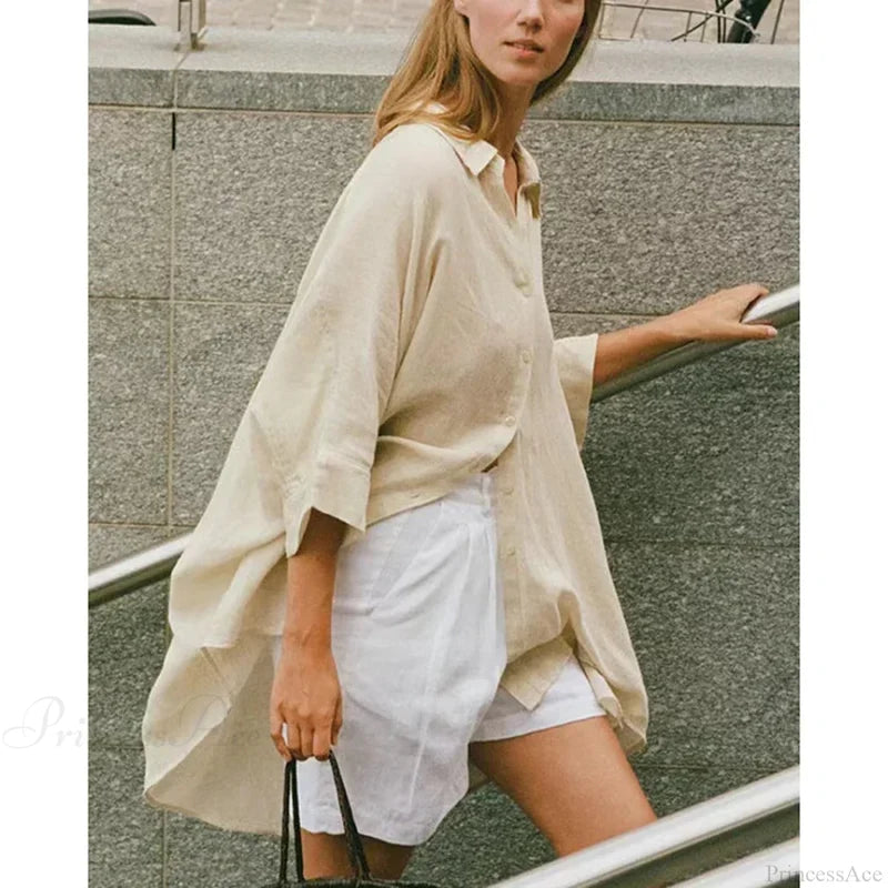 Casual Loose White Button-up Half Sleeve Blouse blouse-250126