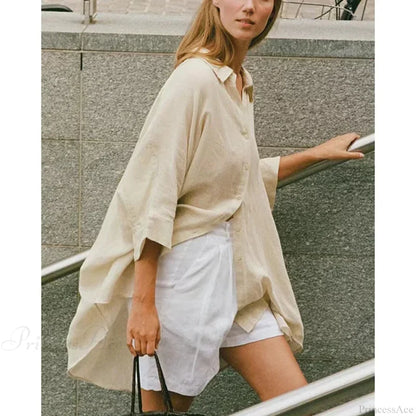 Casual Loose White Button-up Half Sleeve Blouse blouse-250126