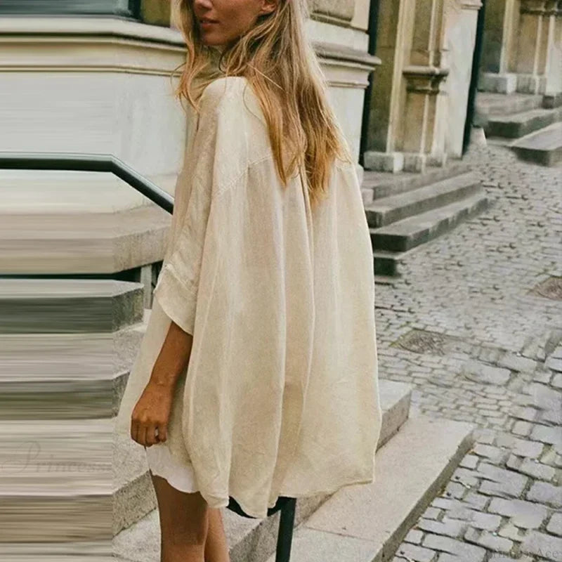 Casual Loose White Button-up Half Sleeve Blouse blouse-250126