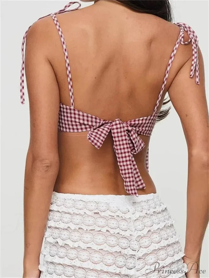 Casual Plaid Lace-up Backless Strap Tank Crop Top croptop-250126