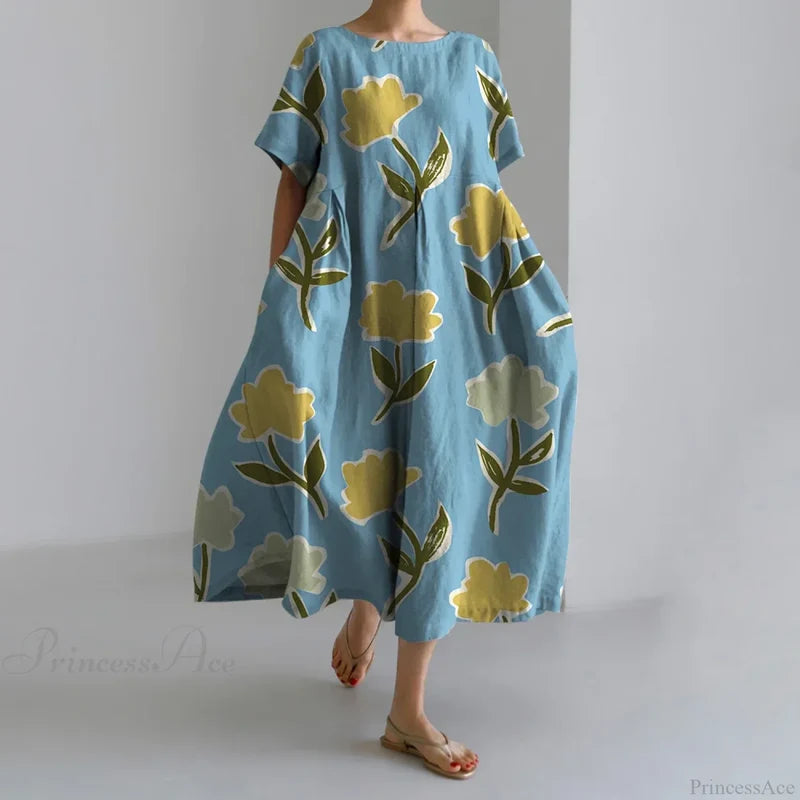 Casual Round Neck Floral Print Loose Long Summer Dress blue2 / S oldfloraldress-250126