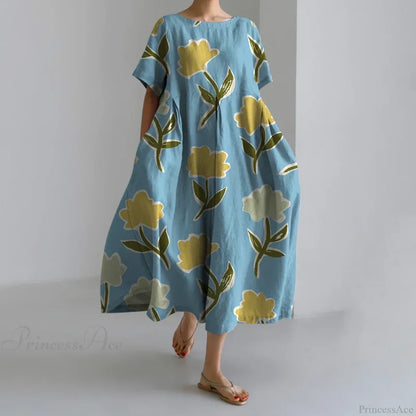 Casual Round Neck Floral Print Loose Long Summer Dress blue2 / S oldfloraldress-250126