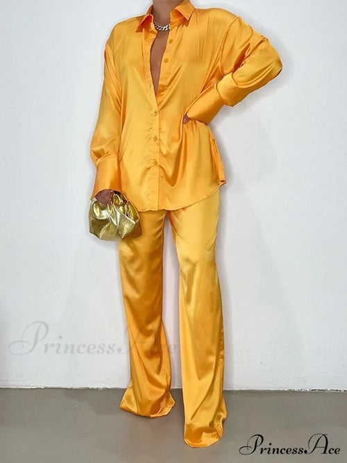 Casual - Set Elegant Women’s Long And With Outfit Wide Solid Two Piece Arm Blouse Leg Loose Satin