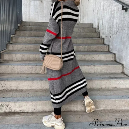 Casual Striped Color Matching Knitted Long Sweaters Cardigan
