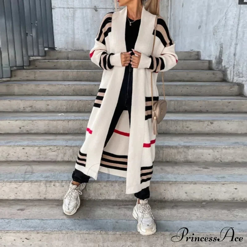 Casual Striped Color Matching Knitted Long Sweaters Cardigan 04 Off White / S