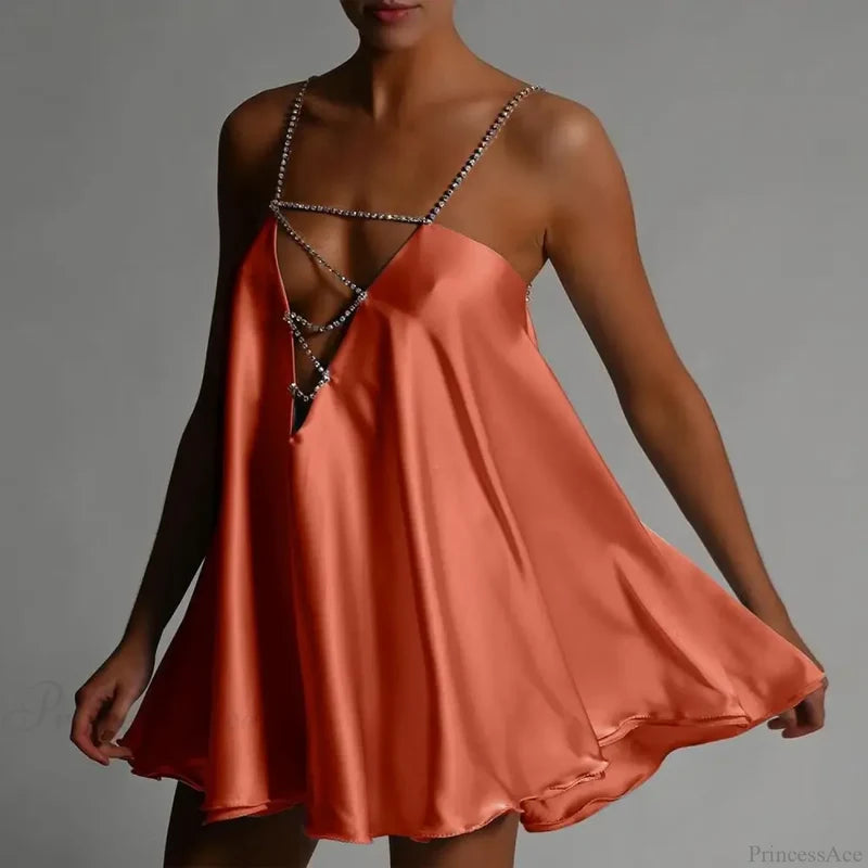 Chain Suspender Hollow Mini Dress Orange / S minidress-250223