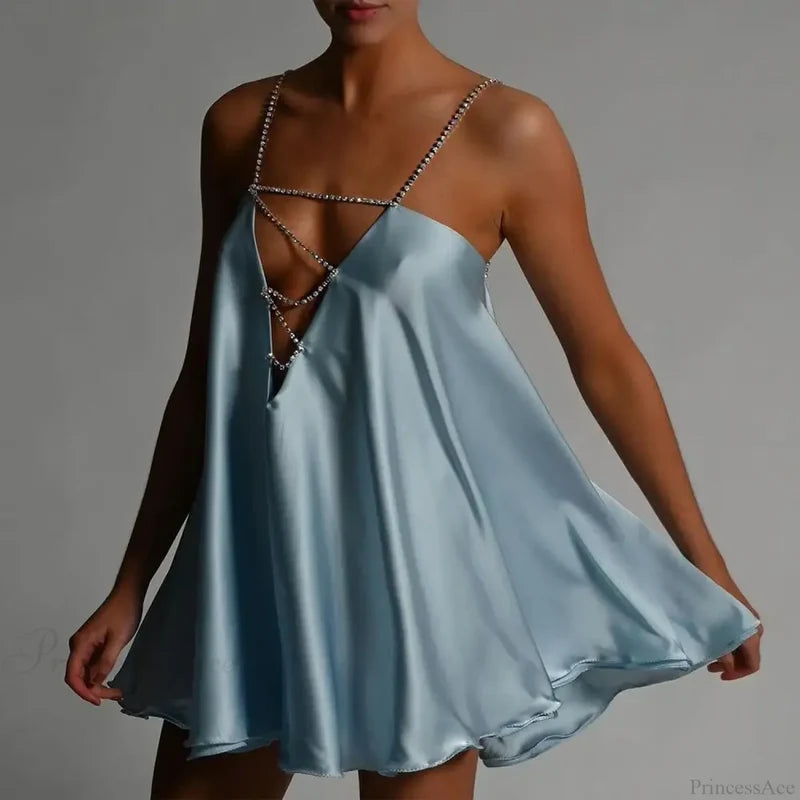 Chain Suspender Hollow Mini Dress Blue / S minidress-250223