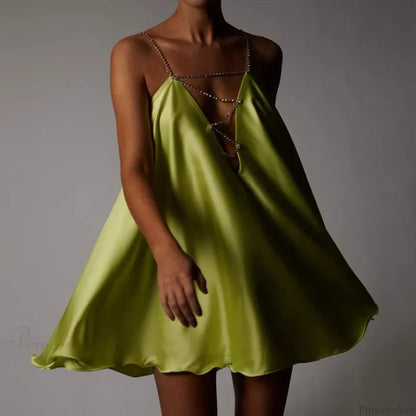 Chain Suspender Hollow Mini Dress Green / S minidress-250223