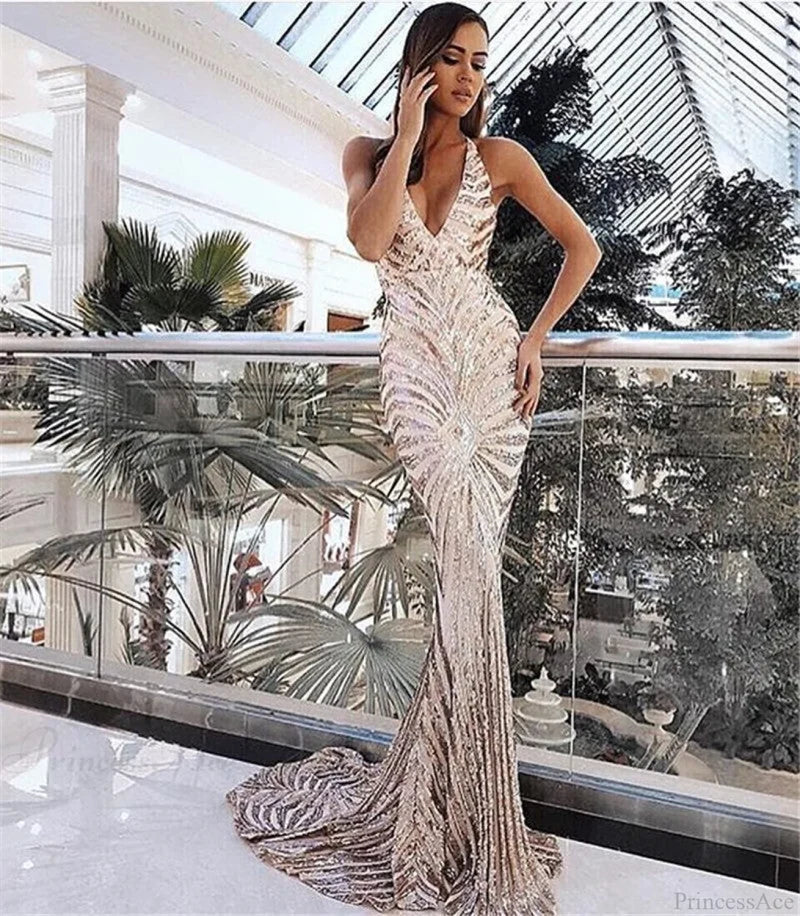 Chic Backless Lace Sequin Prom Dress apricot / S promdress-250223