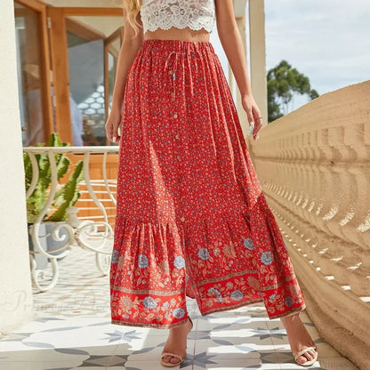 Chic Boho Skirts Hippie Floral Printed High Waist Rayon Robes skirt-250126