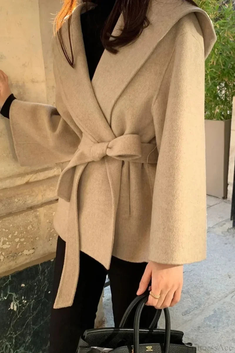 Chic Brown Woolen Hooded Overcoat beige / One Size