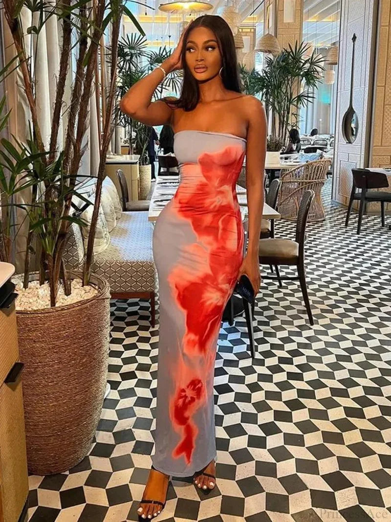 Chic Floral Strapless Midi Split Backless Dress floraldress-250126
