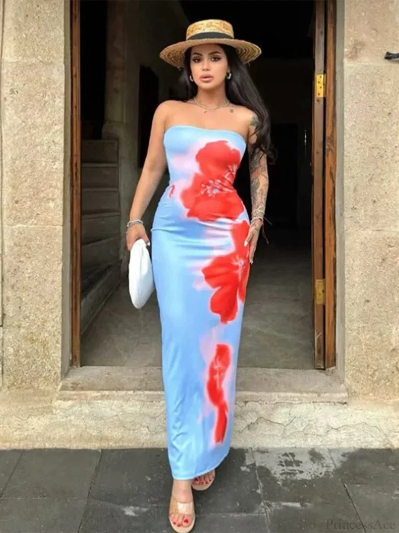 Chic Floral Strapless Midi Split Backless Dress floraldress-250126