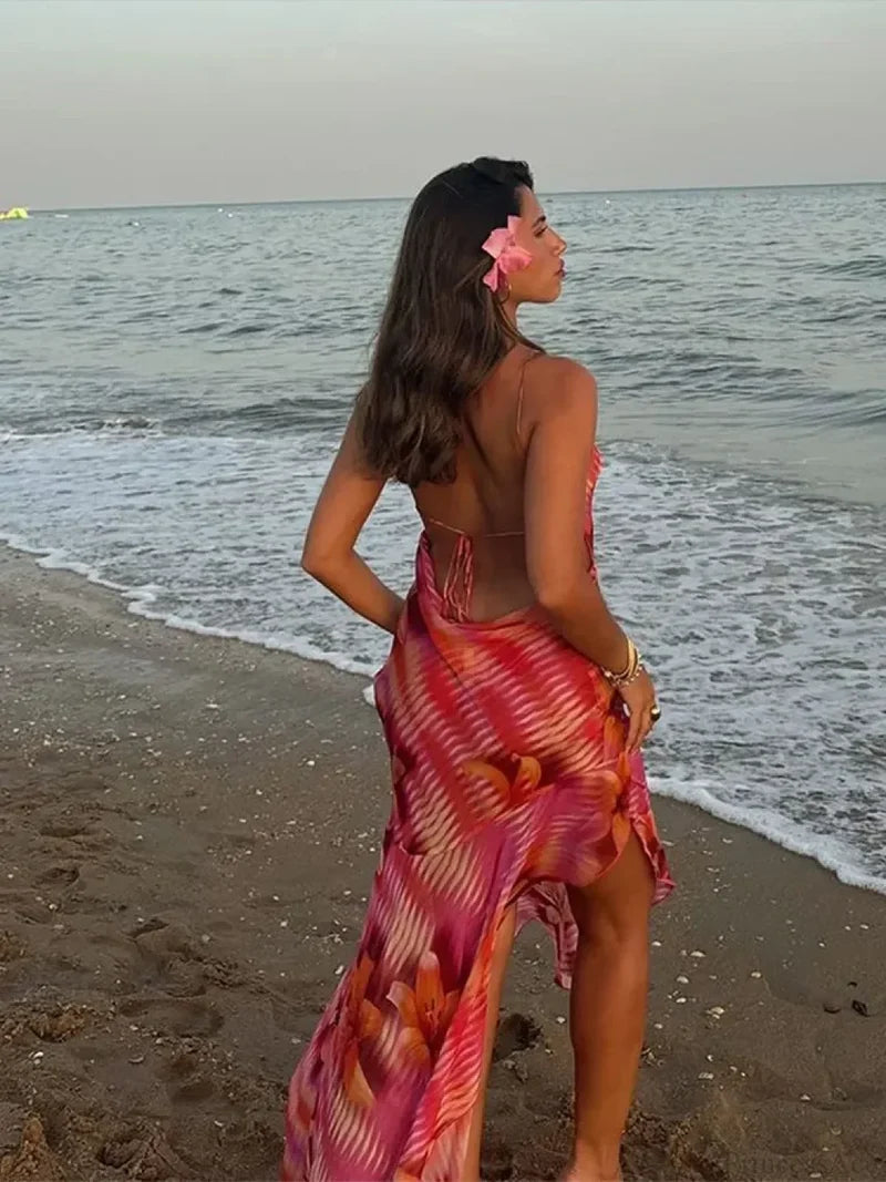 Chic V-neck Beach Ruffles Backless Floral Dress floraldress-250126